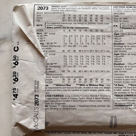 Vintage McCall's Pattern 2073 Women's Pleated Skirt Size 16 Business Pro Cut - Picture 4 of 5